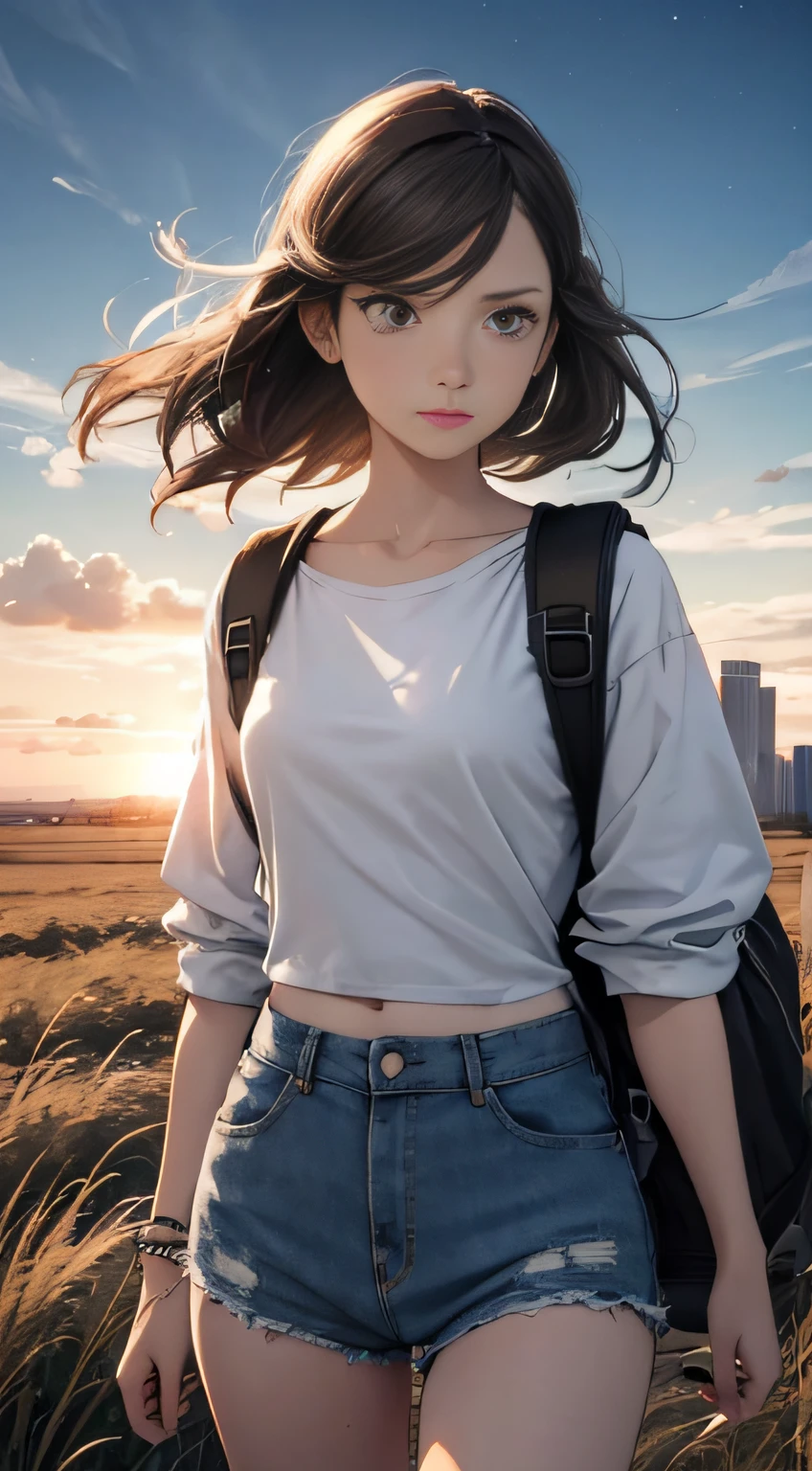 The vast sky, beautiful skyline, large grasslands, extremely tense and dramatic pictures, moving visual effects, high hanging Polaris, colorful natural glare. A girl in a long-sleeved top and denim shorts with a side backpack