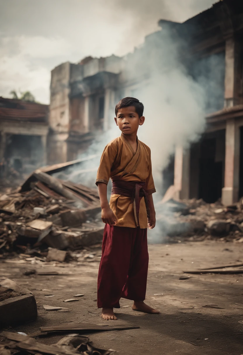 A malay boy wearing malay traditional outfit and tanjak performing silat martial arts in a demolish city, post war city background, smoke,