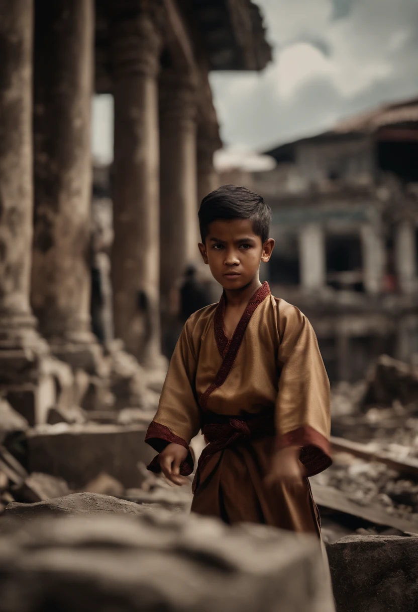 A malay boy wearing malay traditional outfit and tanjak performing silat martial arts in a demolish city, post war city background, smoke,