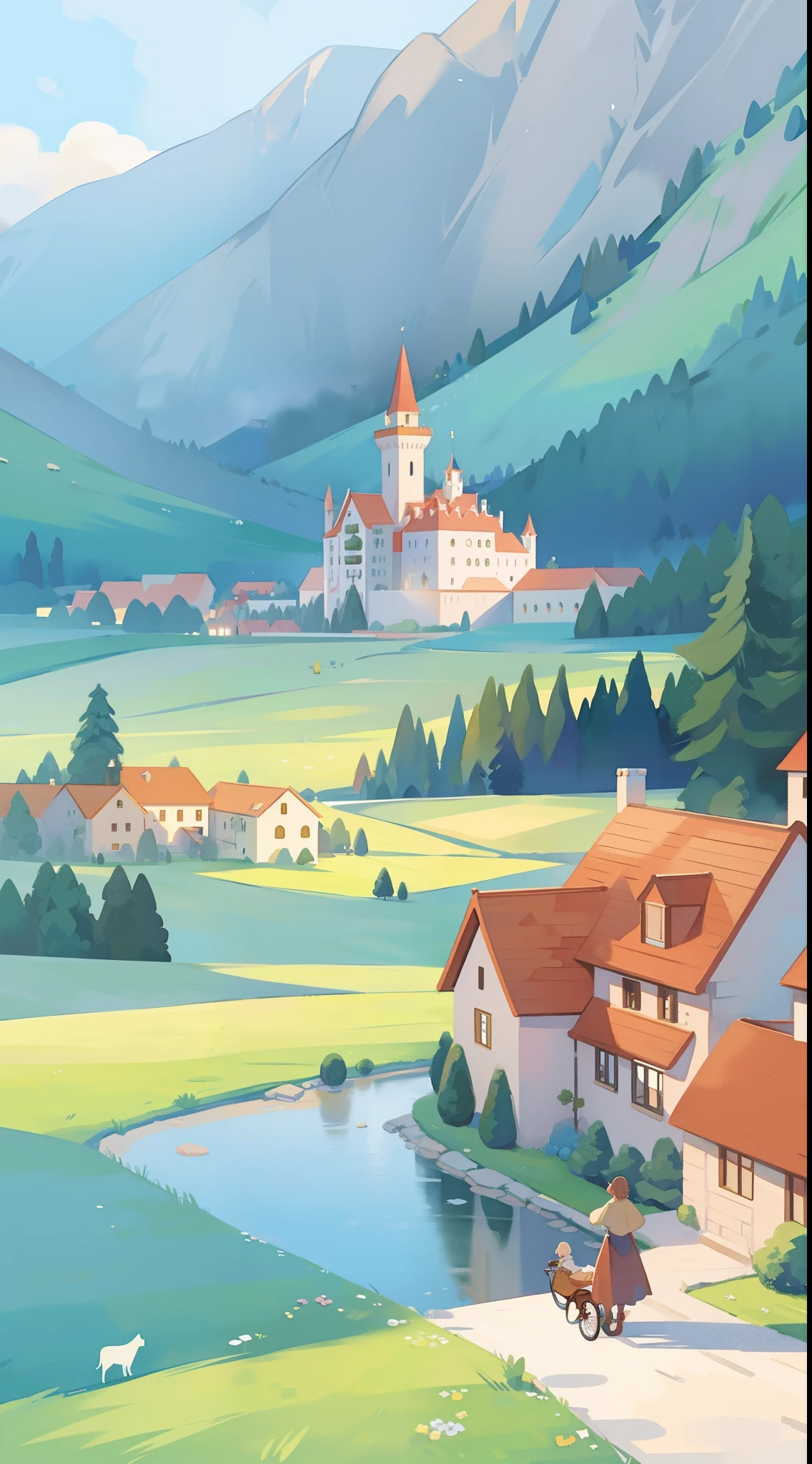 ((picture book illustration)), fantasy landscape, watercolor illustration, whimsical, warm colors, fairytale castle and village, ((princess castle)), fairytale medieval style houses, ((masterpiece)), highly detailed environment