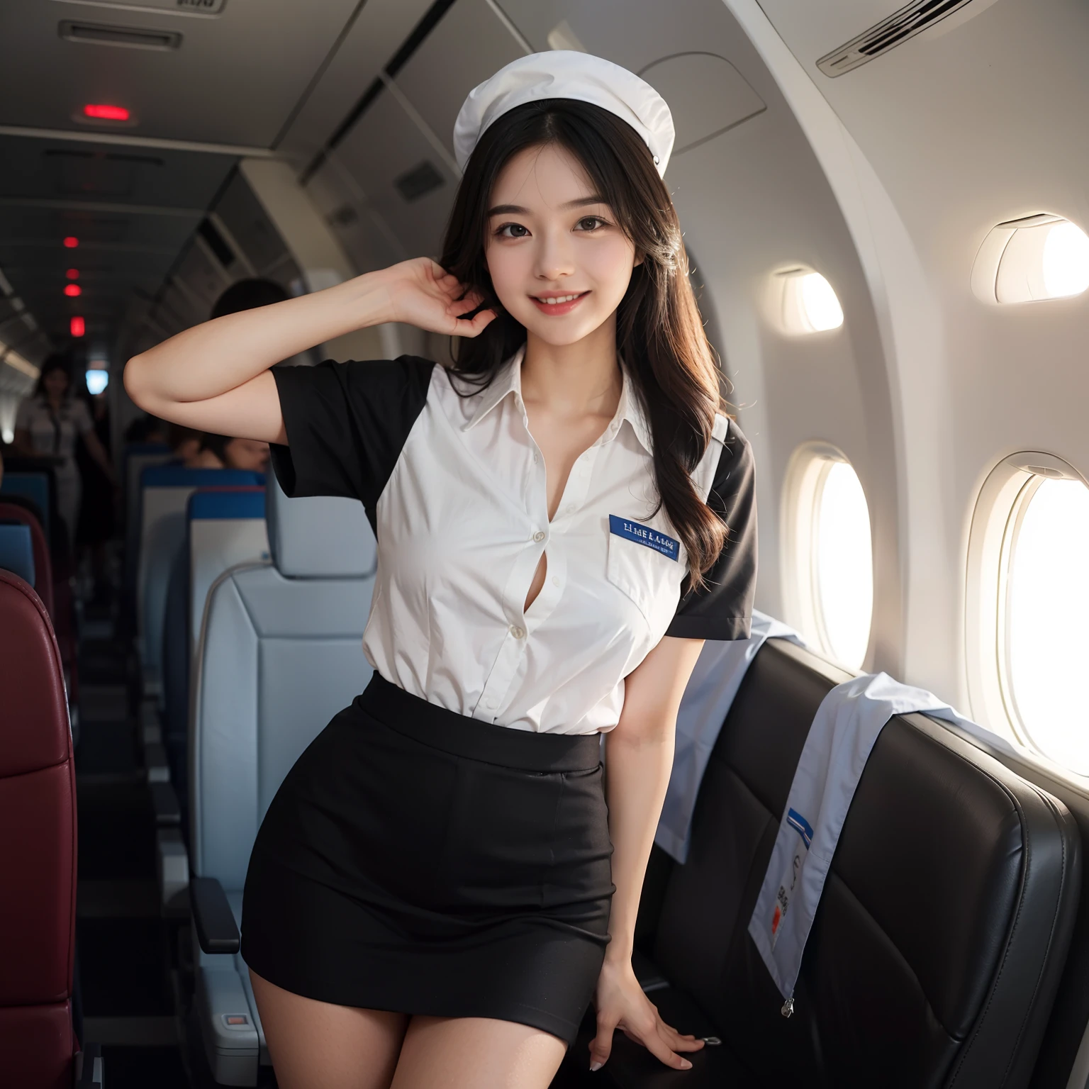 Medium shot of A young girl standing on plane cabin, inside plane cabin, standing on middle of plane cabin isle, stewardess, stewardess girl, one girl, one object, dress as stewardess, wearing blouses with shirt as undergarment, wearing stewardess uniform, wearing stewardess hat, elegant girl, asian girl, big breast, big boobs, slim body, smile, cute smile, only one object. Anatomically correct, super detail, high details, high quality, best quality, highres, great body proportion, perfect body proportion, no extra limb, accurate fingers, accurate limb