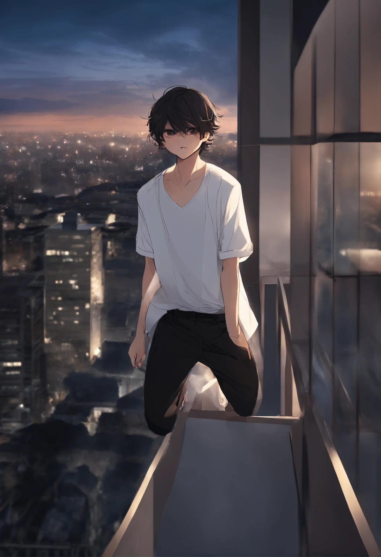 Long-haired boy falling from a building,Frontal full body image,wearing a white shirt and shorts,The expression is sad, Tears flew out,Two-dimensional boys,Black colored eyes,The background is the city at night,Surrounded by modern high-rise buildings
