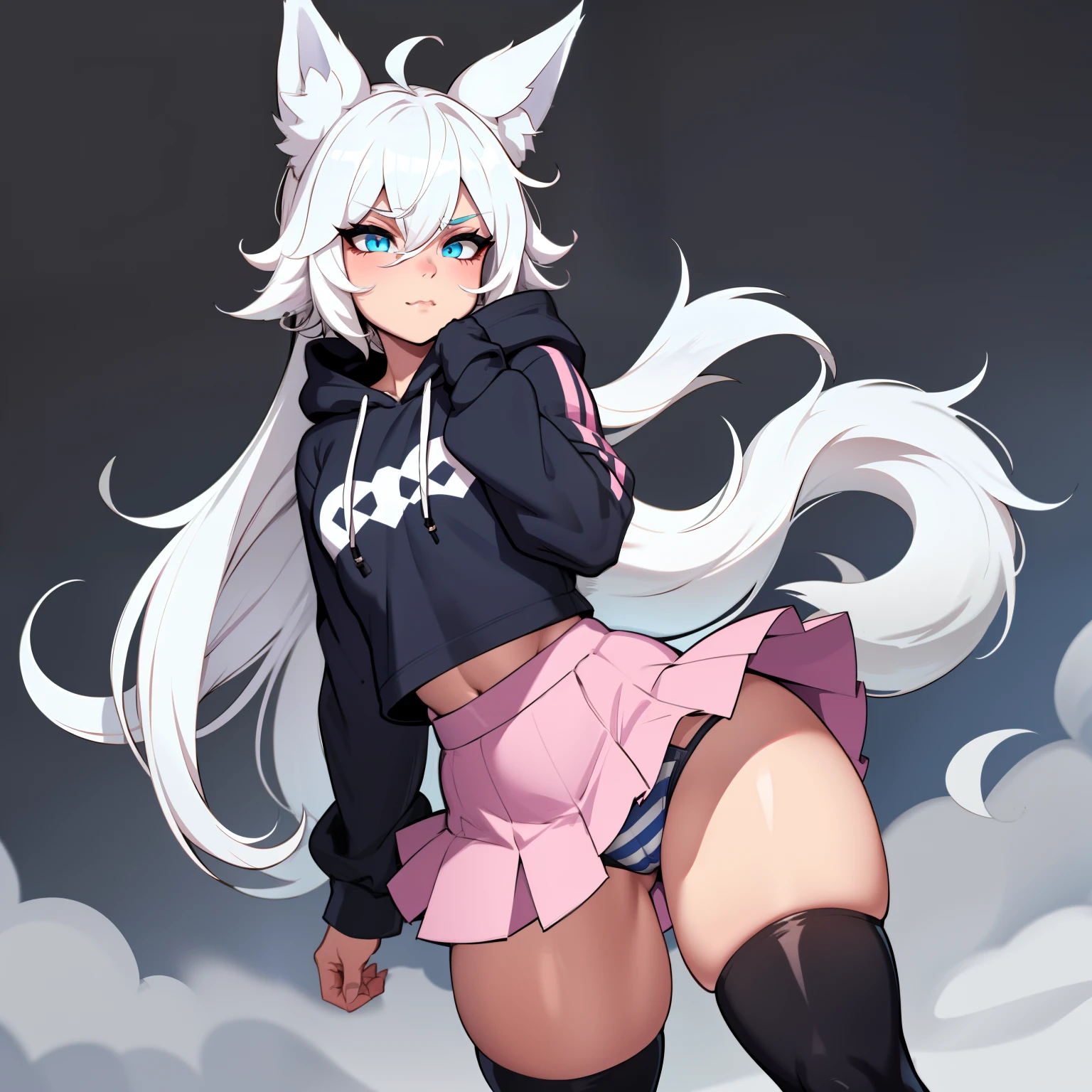 Single boy, Anime Femboy, Short, Long white hair, wolf ears, wolf tail, blue eyes, wearing cute pink skirt, thigh high socks, black combat boots, wearing cropped black hoodie, flat chest, super flat chest, solo femboy, only one femboy ((FLAT CHEST)), wide hips, thicc thighs, happy, nice butt, lobo written on hoodie, crotch bulge (CROTCH BULGE), wearing striped blue and white panties