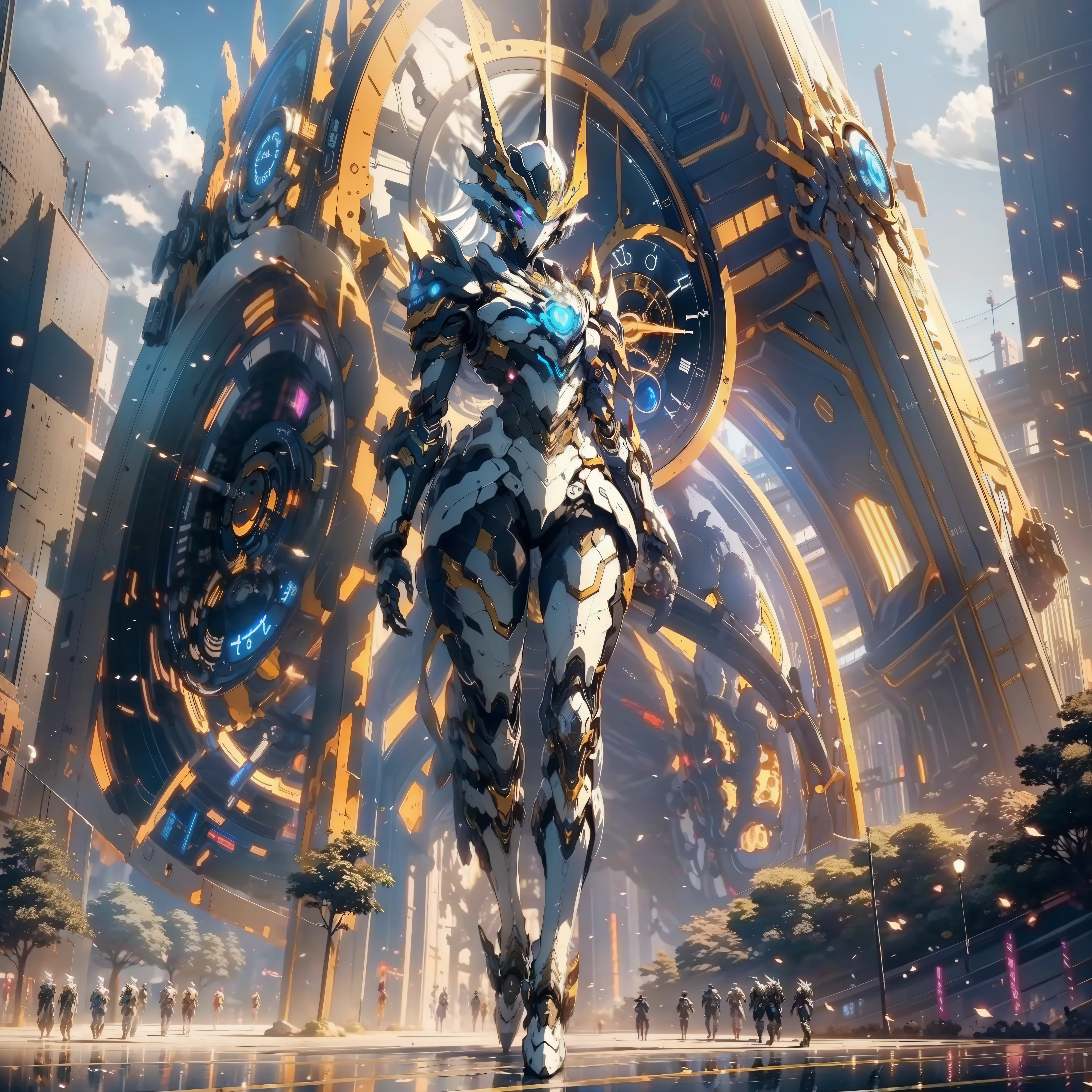anime character with a clock in the background, best anime 4k konachan wallpaper, warframe art, detailed key anime art, exquisite warframe fanart, 8k hd wallpaperjpeg artifact, 8 k hd wallpaperjpeg artifact, anime epic artwork, high detailed official artwork, anime mecha aesthetic, covered in full silver armor, detailed warframe fanart