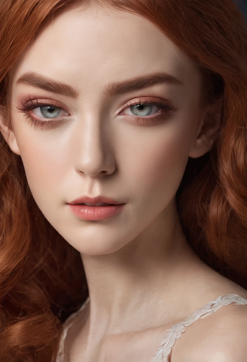 Realistic portrait, young woman, photo session, photographic studio, cinematic lighting, American portrait, vertical, professional camera, low-cut dress, dress with flowers, detailed image, redhead, soft makeup, coffee shop, high-definition image, ultra-high quality, Enhance skin texture for a natural and lifelike appearance, Add intricate details to the eyes, highlighting iris colors and reflections, Specify the desired level of skin retouching or airbrushing for a flawless yet natural look