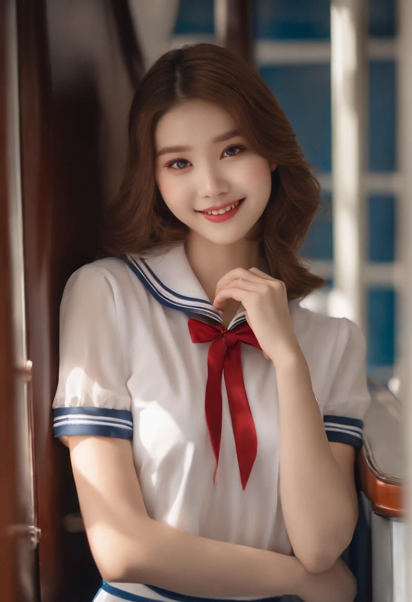 top-quality,ultra-detailliert,​masterpiece,realisitic,Photo Real,Bright lighting,1 girl in, Very beautiful 16 year old girl, (kawaii:1.2),Smile,Pointed mouth、 (Brown eyes),(brown haired),(bangss),short-cut、perfect glossy skin,flawless skin,innocent smiles,((accurate hands without incongruity)),Poor chest,Sheer Bra、Light blue bra、big breasts thin waist, Look at viewers,((a sailor suit)),shortsleeves,(red necktie),(Blue pleated skirt),((to stand,close the legs)), White socks, (Black Loafer Shoes), during daytime,On the train