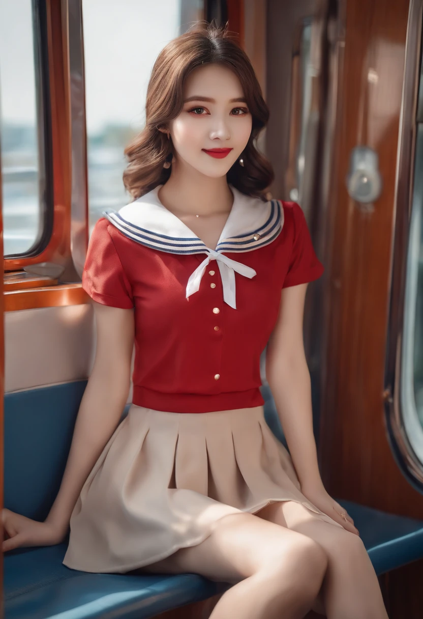 top-quality,ultra-detailliert,masterpiece,realisitic,Photo Real,Bright lighting,1 girl in, Very beautiful 16 year old girl, (kawaii:1.2),Smile,Pointed mouth、 (Brown eyes),(brown haired),(bangss),short-cut、perfect glossy skin,flawless skin,innocent smiles,((accurate hands without incongruity)),Poor chest,Sheer Bra、Light blue bra、big breasts thin waist, Look at viewers,((a sailor suit)),shortsleeves,(red necktie),(Blue pleated skirt),((to stand,close the legs)), White socks, (Black Loafer Shoes), during daytime,On the train