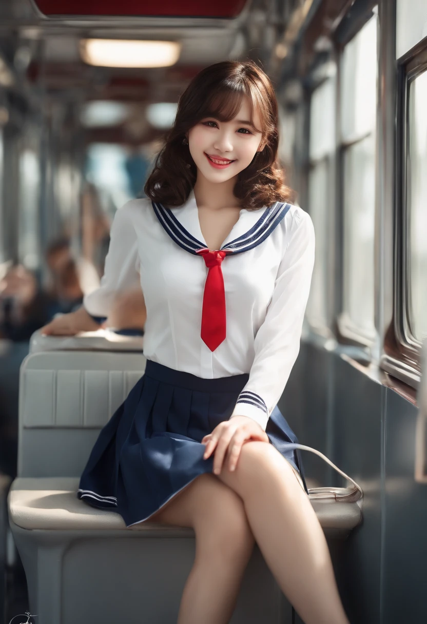 top-quality,ultra-detailliert,masterpiece,realisitic,Photo Real,Bright lighting,1 girl in, Very beautiful 16 year old girl, (kawaii:1.2),Smile,Pointed mouth、 (Brown eyes),(brown haired),(bangss),short-cut、perfect glossy skin,flawless skin,innocent smiles,((accurate hands without incongruity)),Poor chest,Sheer Bra、Light blue bra、big breasts thin waist, Look at viewers,((a sailor suit)),shortsleeves,(red necktie),(Blue pleated skirt),((to stand,close the legs)), White socks, (Black Loafer Shoes), during daytime,On the train