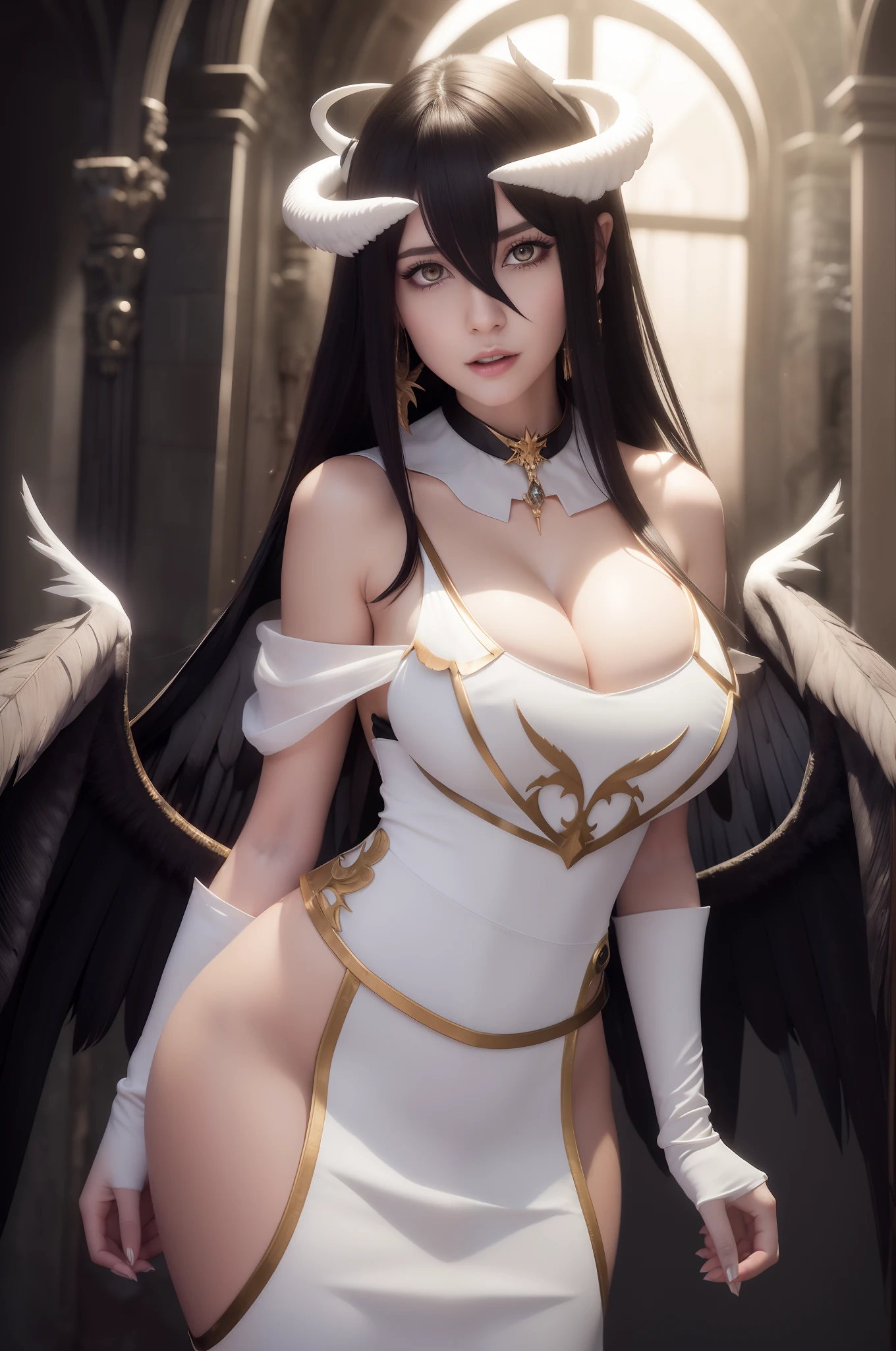 1girl Albedo, best quality, high res, hyper realistis, ultra detail, demon horn, yellow eyes, dragon pupils, big boobs, white gloves, white dress, bare shoulders, detached collar, cleavage, black wings, feathered wings, low wings, cowboy shot, standing, smile, dungeon, evil smile,