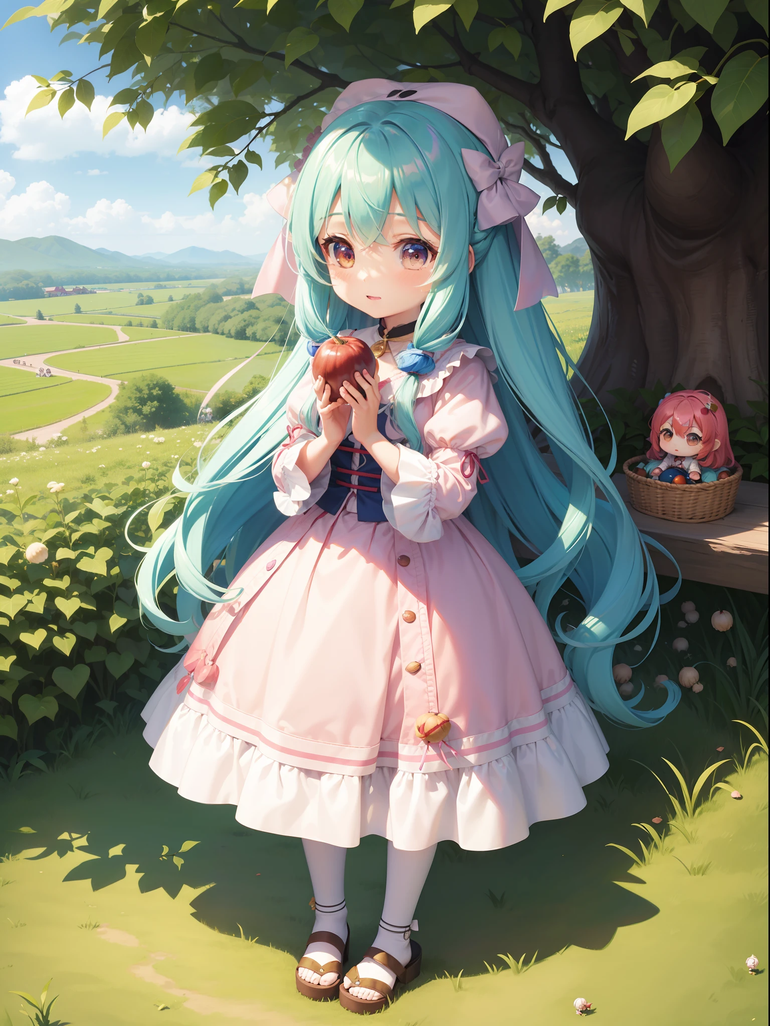 Chibichara　Picking chestnuts in a chestnut grove　long hair with blue hair((Chibi Chara))、Fluffy、girl with、Chibi Chara、full body Esbian、Pastel colors hair、masutepiece、top-quality、