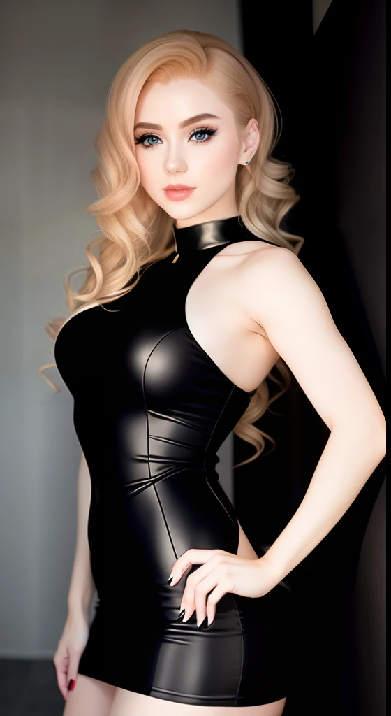 A surreal, minimalist composition featuring a woman in long black dress with curly blonde hair, her body elongated into a smooth, elegant pose s shape, tapering form that seamlessly blends into the background, creating a striking contrast against the black velvet curtains background. The overall effect is both mysterious and artistic, evoking a sense of otherworldly beauty, medium long shot