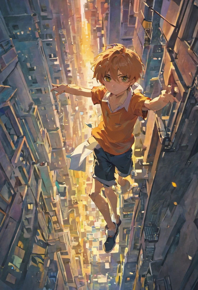 Long-haired boy falling from a building，Frontal full body image，wearing a white shirt and shorts，The expression is sad, Tears flew out，Two-dimensional boys，Black colored eyes，The background is the city at night，Surrounded by modern high-rise buildings