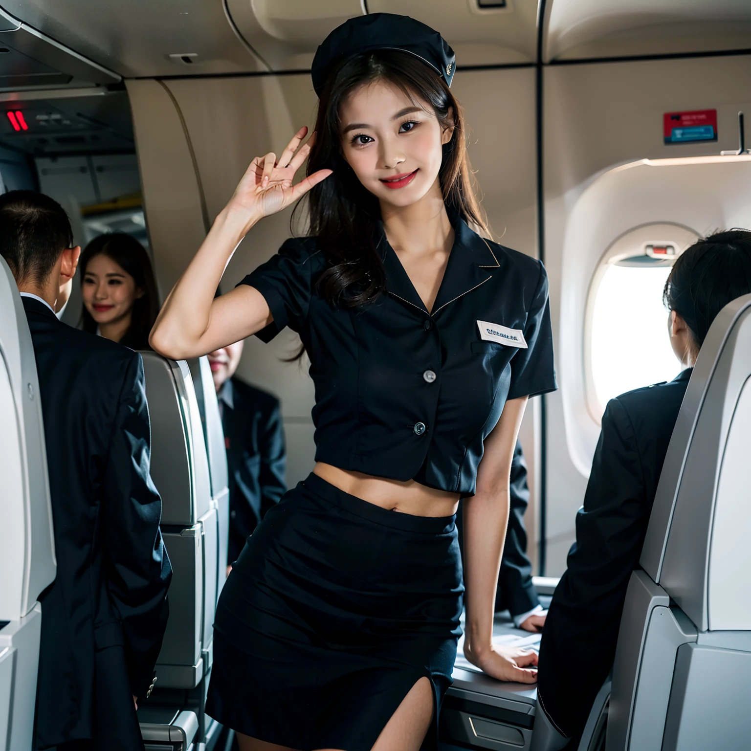 Medium shot of A young girl standing on plane cabin, inside plane cabin, standing on middle of plane cabin isle, stewardess, stewardess girl, one girl, one object, dress as stewardess, wearing blouses with shirt as undergarment, wearing stewardess uniform, wearing stewardess hat, elegant girl, asian girl, big breast, big boobs, slim body, smile, cute smile, only one object. Anatomically correct, super detail, high details, high quality, best quality, highres, great body proportion, perfect body proportion, no extra limb, accurate fingers, accurate limb