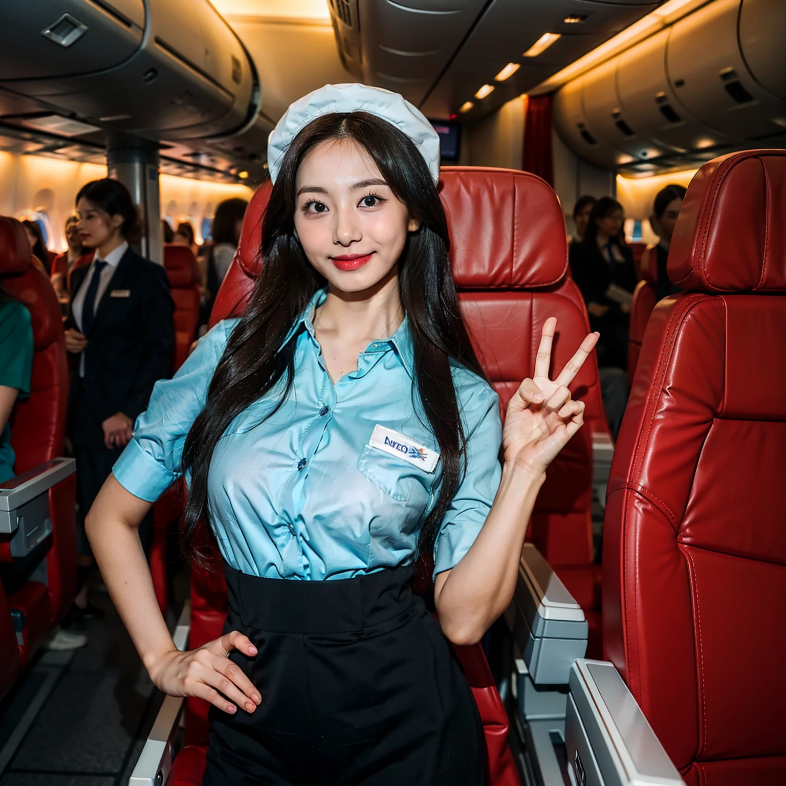 Medium shot of A young girl standing on plane cabin, inside plane cabin, standing on middle of plane cabin isle, stewardess, stewardess girl, one girl, one object, dress as stewardess, wearing blouses with shirt as undergarment, wearing stewardess uniform, wearing stewardess hat, elegant girl, asian girl, big breast, big boobs, slim body, smile, cute smile, only one object. Anatomically correct, super detail, high details, high quality, best quality, highres, great body proportion, perfect body proportion, no extra limb, accurate fingers, accurate limb