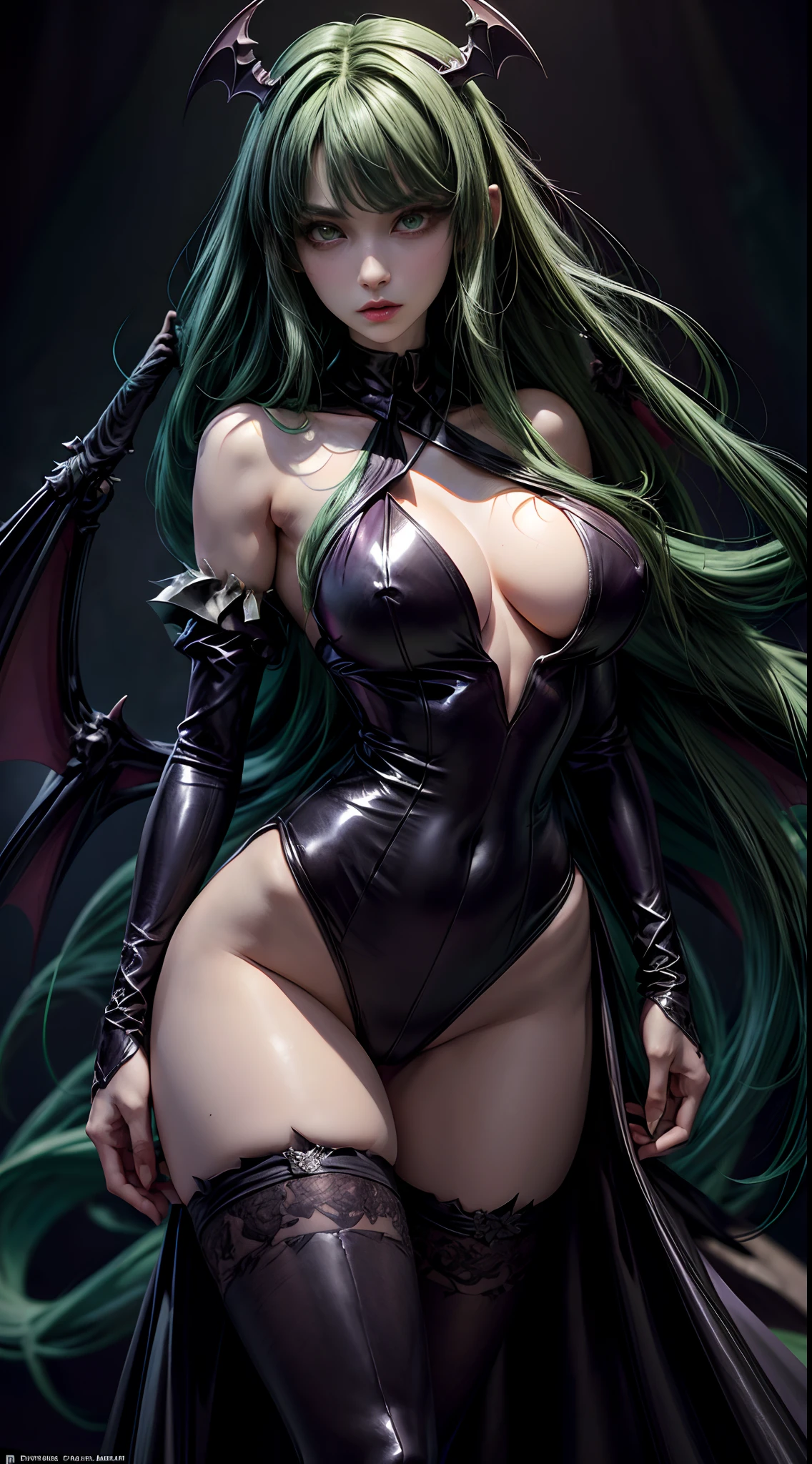 Morrigan Aensland de Darkstalkers que tiene ((Pelo largo y verde con flecos)), has bat wings, ((Traje corto negro)) ((Medias moradas)), dynamic pose, cuerpo completo, Cuerpo impresionante