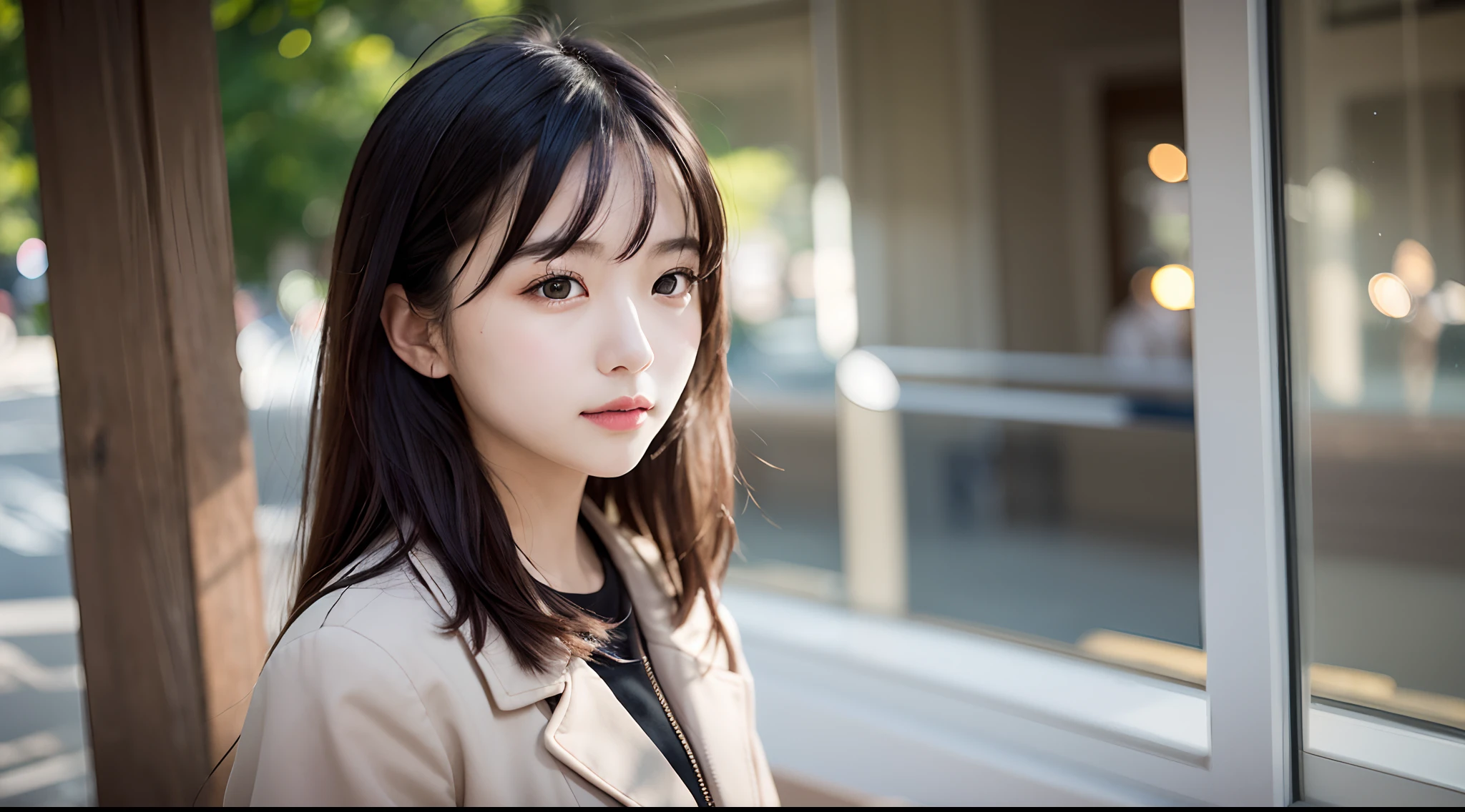 女の子1人、Women around 20 years old、Fashionable clothes、a picture、realisticlying、top-quality、adopt、A detailed face、细致背景、diffuse sunlight、depth of fields、独奏