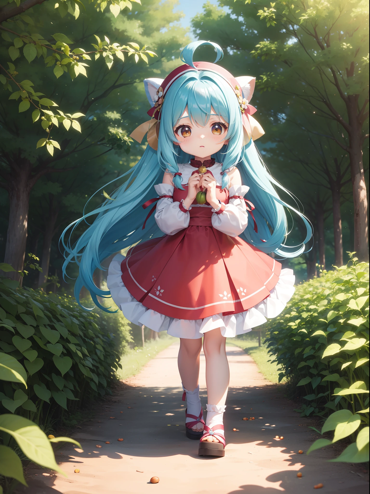 Chibichara Picking chestnuts in a chestnut grove long hair with blue hair((Chibi Chara))、Fluffy、girl with、Chibi Chara、full body Esbian、Pastel colors hair、masutepiece、top-quality、