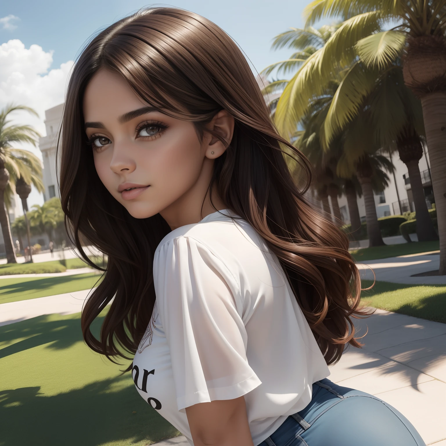 Alta calidad, Realista, mujer joven latina, piel morena clara, cabello liso suave brillante oscuro, cabello largo hasta la cintura, cuerpo completo, senos medianos, small waist, caderas anchas, con jeans ajustados, blusa color negra corta. Cara hermosa, ojos de color marrones, cara delgada, Mirando de frente, thick lips light brown, en un parque, sunny day. Sonriendo