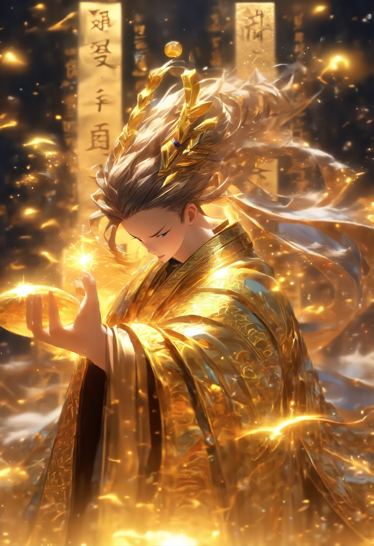 1boys,Close up,An ancient Chinese scholar,(Book in hand:1.5),(Transparent glowing golden Chinese characters hovered in midair:2),Vertical text,glittery,(Scholar in blue robes:1.5),Long flowing hair flutters in the wind,brunette color hair,16k, hyper HD, high resolution, Very detailed, Best image quality,(dynamicposes:1.5),(20 columns of Chinese characters:2),arranged in an orderly fashion