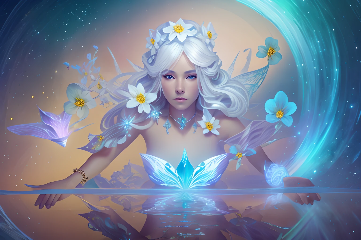 Bright yellow Arc Angel flowers, there is a woman with white hair and a sword in a field, closeup fantasy with water magic, ethereal beauty, with frozen flowers around her, fantasy portrait, ethereal fantasy, beautiful fantasy portrait, goddess of the ocean, flower storm portrait, a stunning portrait of a goddess, fantasy genre portrait, water fairy, ethereal fairytale, beautiful maiden, beautiful fantasy art portrait Alien creature in humanoid shape, with opalescent skin and iridiscent scales, masterpiece, absolutely perfect, stunning image, visually rich, intricately detailed, concept art, by Mschiffer, glowy, cinematic, UHD wallpaper, 3d, octane render, volumetric lights