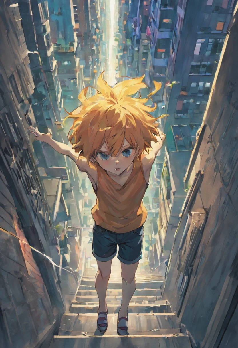 Long-haired boy falling from a building，Frontal full body image，wearing a white shirt and shorts，The expression is sad, Tears flew out，Two-dimensional boys，Black colored eyes，The background is the city at night，Surrounded by modern high-rise buildings