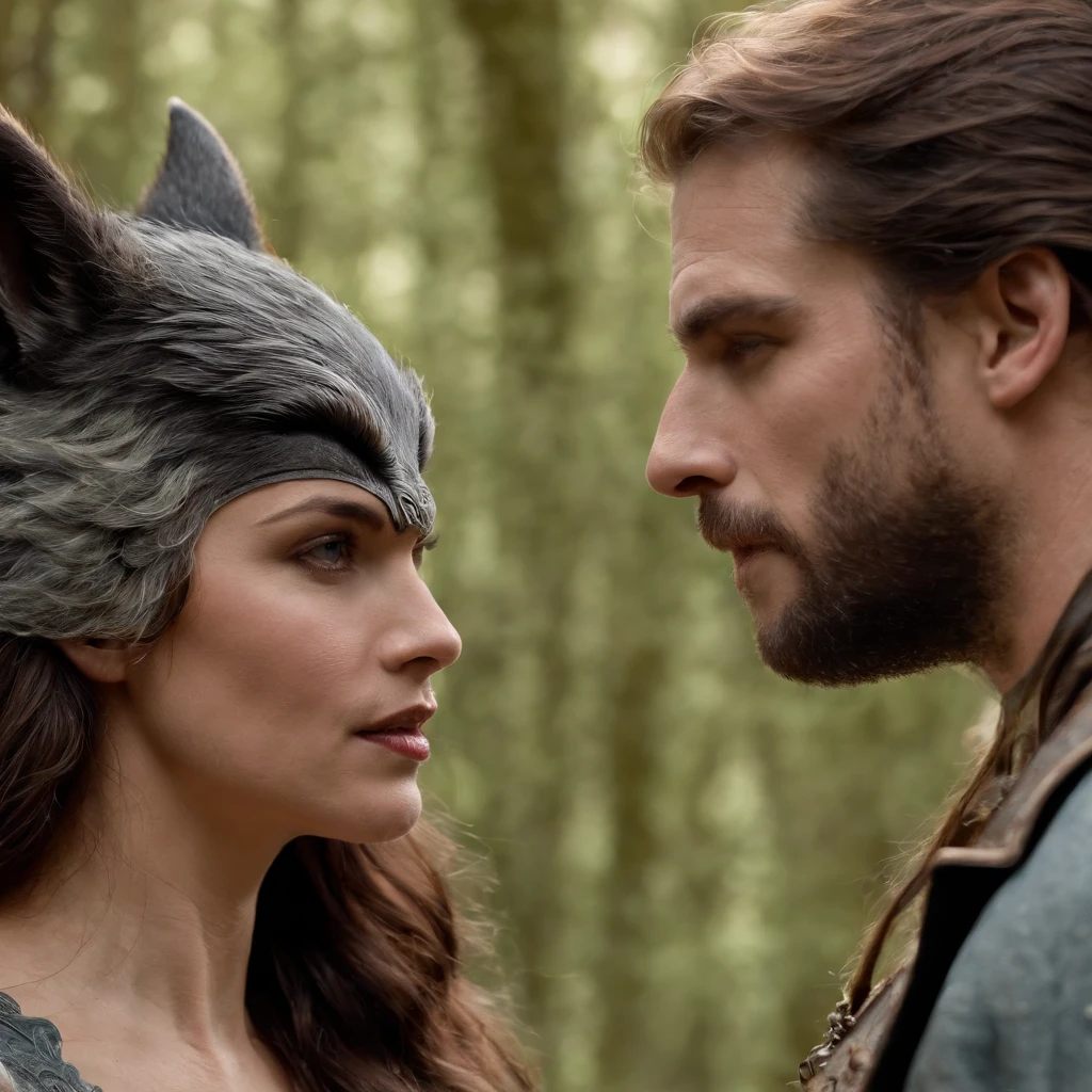 A werewolf and a woml with ambiguous expressions,Fique ao lado de um Garoto Vampiro com cabelos longos e pretos com olhos azuis, roupa vitoriana, garoto bravo,alta qulidade,cinematic movie photograph,alto detalhe,A high resolution,8k,luz iluminada