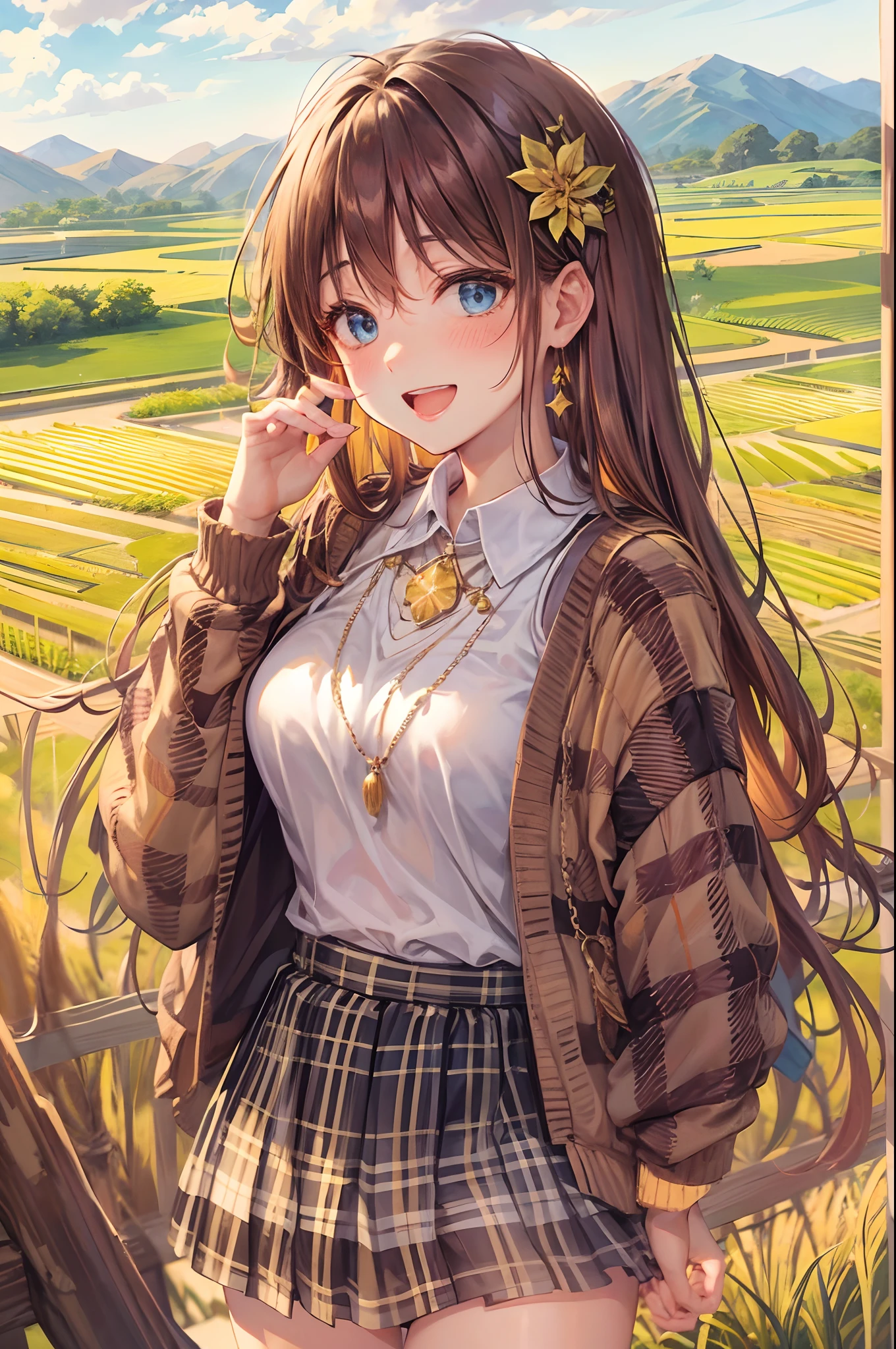 top quality, masterpiece, 1 woman, solo, 20 years old, (close eyes: 1.4), laugh with open mouth, looking at the camera, long hair with yellow gloss, brown cardigan, white underwear, black loafers, argyle check skirt, blushing, blue eyes, evening, a lot of rice fields, a big sunset, orange view, a small necklace,