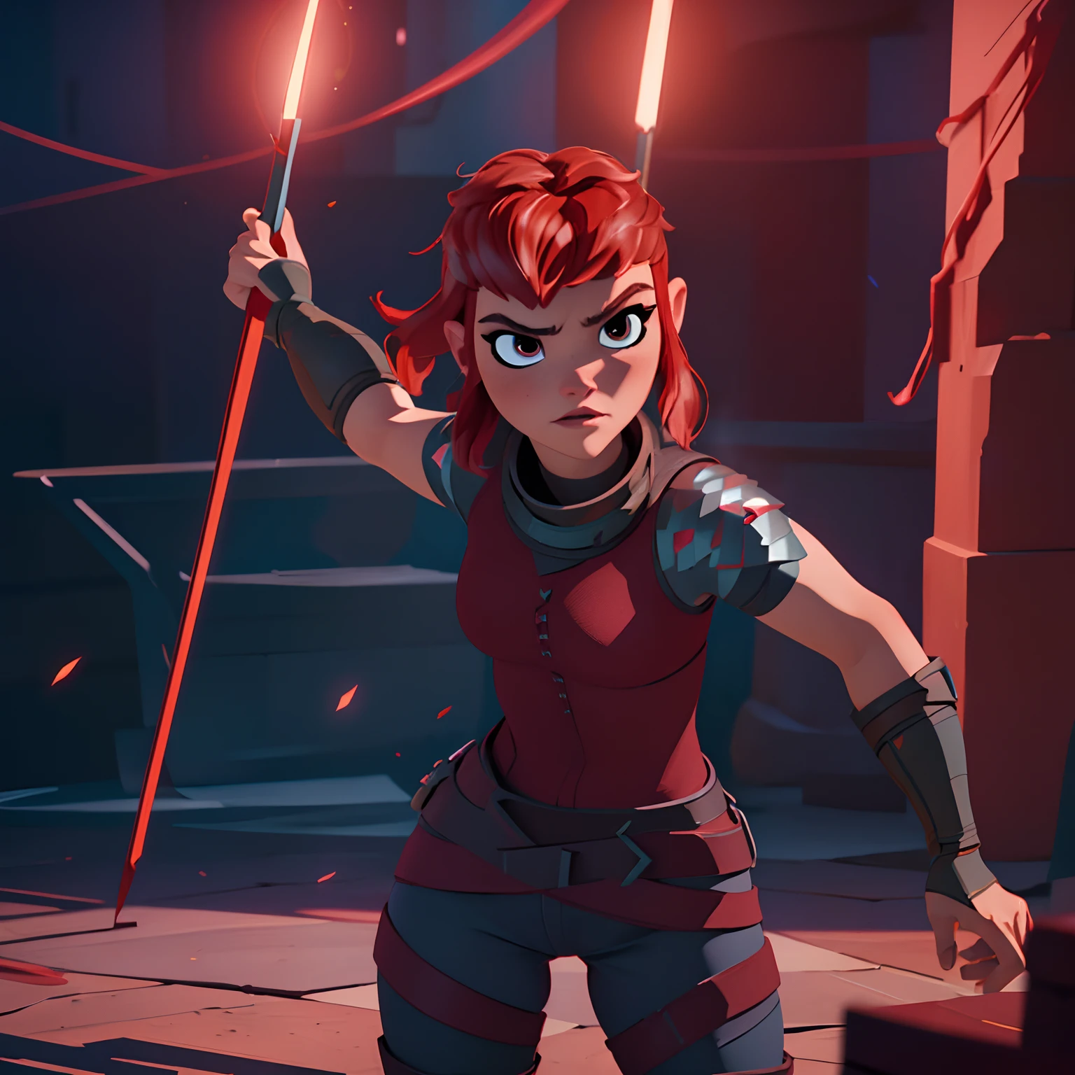 (8k, best lighting, masterpiece, best quality, best luminosity, best shadow, particles, bloom, extra lights, cinematic lights), GlowingRunes_red, nimona, (1girl, solo), brave, standing, focus face, (looking at viewer, red hair, sharp),