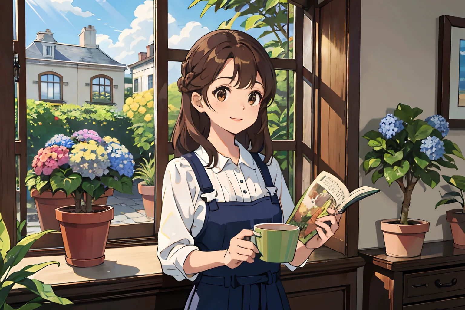 (Best quality, Masterpiece),Sunny,Broad lens,By the window,(Brown hair long),Lively cute girl with long brown hair,Little Keck parrot,hydrangea,Plants in pots,Sunlight,Bright and happy