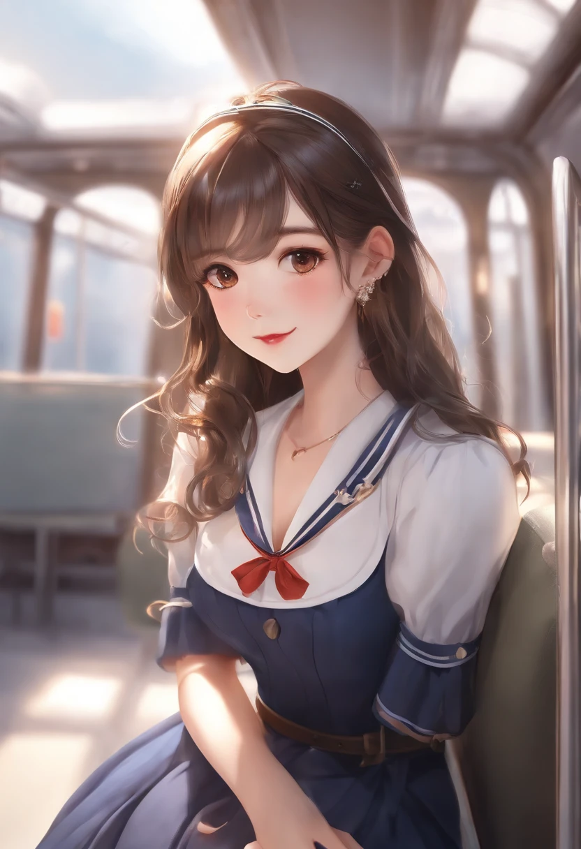 top-quality,ultra-detailliert,masterpiece,realisitic,Photo Real,Bright lighting,1 girl in, Very cute 16 year old girl, (kawaii:1.2),Smile,Pointed mouth、 (Brown eyes),(brown haired),(bangss),short-cut、perfect glossy skin,flawless skin,innocent smiles,((accurate hands without incongruity)),Ultra-poor chest,Sheer Bra、Light blue bra、big breasts thin waist, Look at viewers,((a sailor suit)),shortsleeves,((to stand,close the legs)), White socks, (Black Loafer Shoes), during daytime,On the train