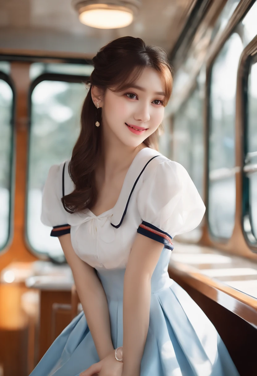 top-quality,ultra-detailliert,​masterpiece,realisitic,Photo Real,Bright lighting,1 girl in, Very cute 16 year old girl, (kawaii:1.2),Smile,Pointed mouth、 (Brown eyes),(brown haired),(bangss),short-cut、perfect glossy skin,flawless skin,innocent smiles,((accurate hands without incongruity)),Ultra-poor chest,Sheer Bra、Light blue bra、big breasts thin waist, Look at viewers,((a sailor suit)),shortsleeves,((to stand,close the legs)), White socks, (Black Loafer Shoes), during daytime,On the train