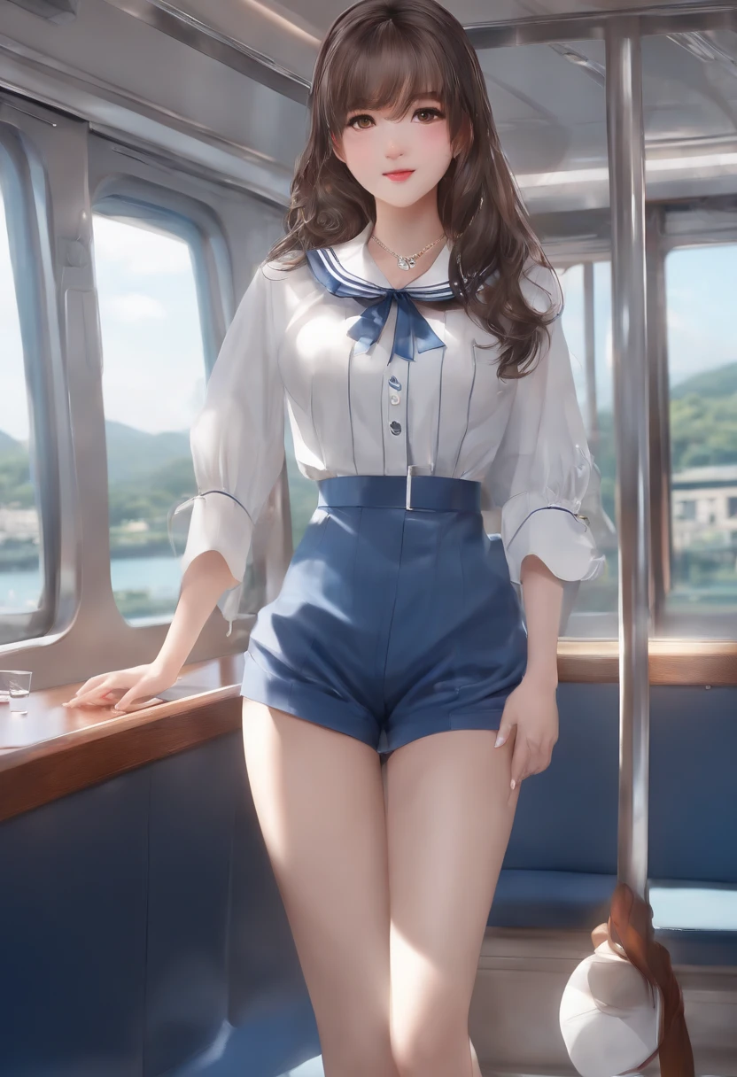 top-quality,ultra-detailliert,​masterpiece,realisitic,Photo Real,Bright lighting,1 girl in, Very cute 16 year old girl, (kawaii:1.2),Smile,Pointed mouth、 (Brown eyes),(brown haired),(bangss),short-cut、perfect glossy skin,flawless skin,innocent smiles,((accurate hands without incongruity)),Ultra-poor chest,Sheer Bra、Light blue bra、big breasts thin waist, Look at viewers,((a sailor suit)),shortsleeves,((to stand,close the legs)), White socks, (Black Loafer Shoes), during daytime,On the train