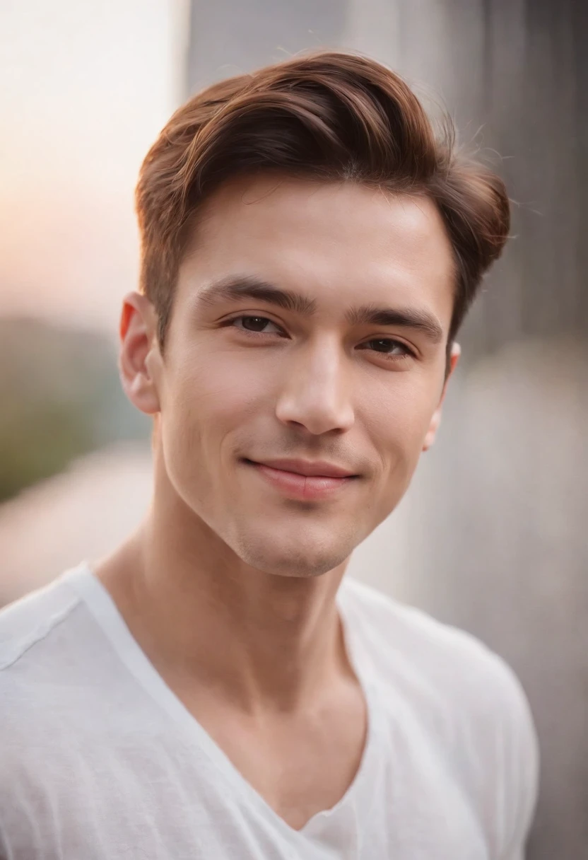 (photo: 1.3) af (realism: 1.3), male headshot, soft light, face focus, ((((white t-shirt))) happy, cheerful, smiling, warm light, ((blank background)) , profile picture, (long hair or short hair), smiling, handsome, young, , short hair, smiling