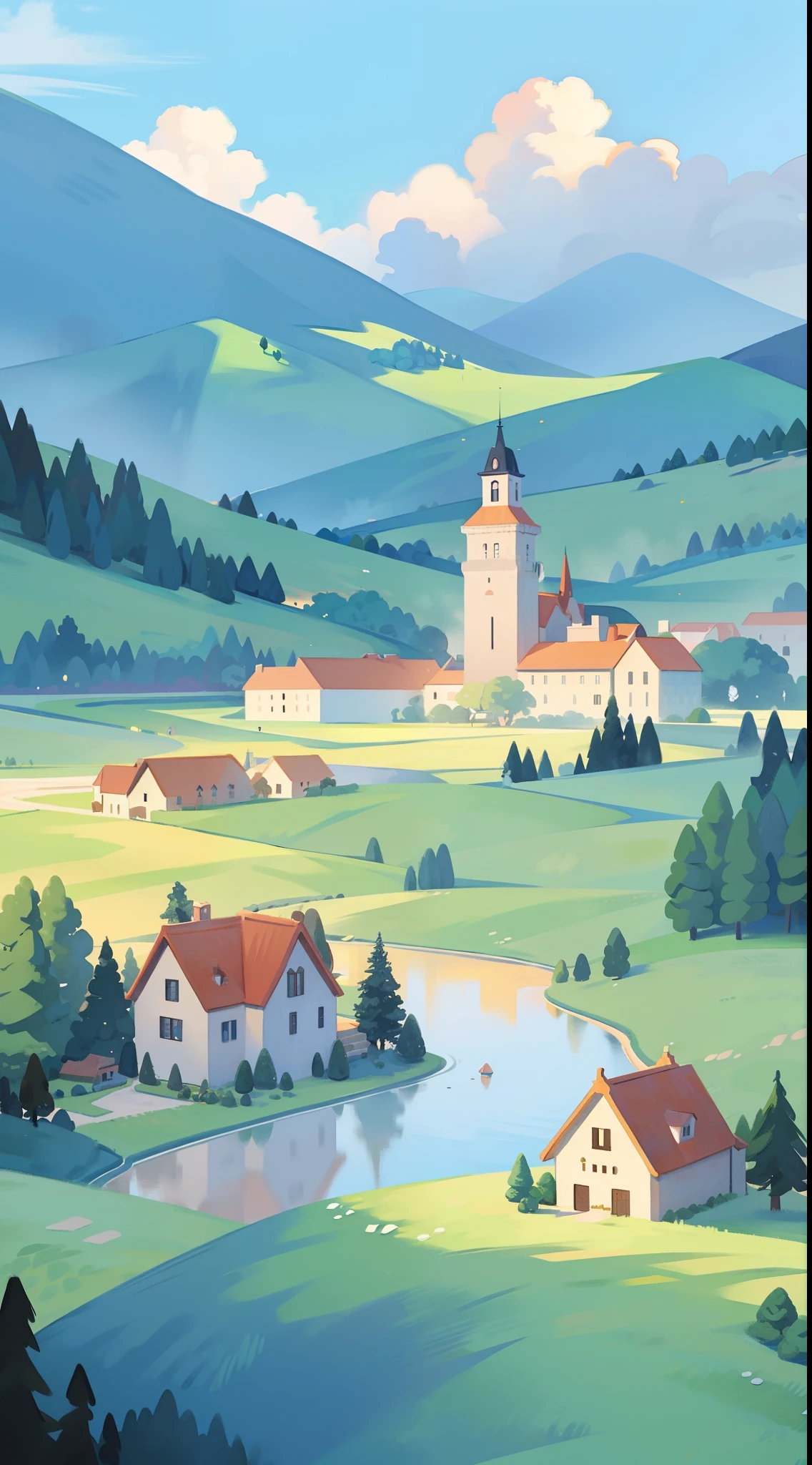((picture book illustration)), fantasy landscape, watercolor illustration, whimsical, warm colors, fairytale castle and village, ((princess castle)), fairytale medieval style houses, ((masterpiece)), highly detailed environment