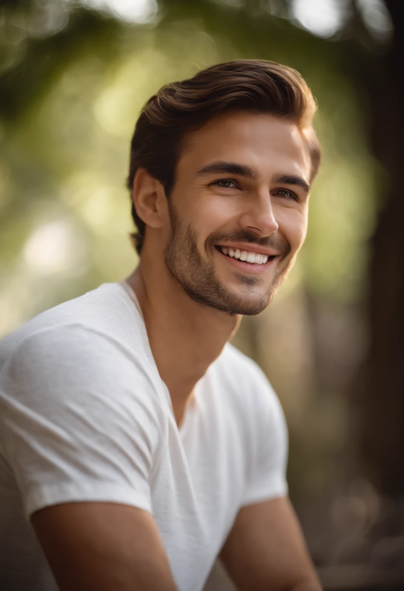 (photo: 1.3) af (realism: 1.3), male headshot, soft light, face focus, ((((white t-shirt))) happy, cheerful, smiling, warm light, ((blank background)) , profile picture, (long hair or short hair), smiling, handsome, young, , short hair, smiling