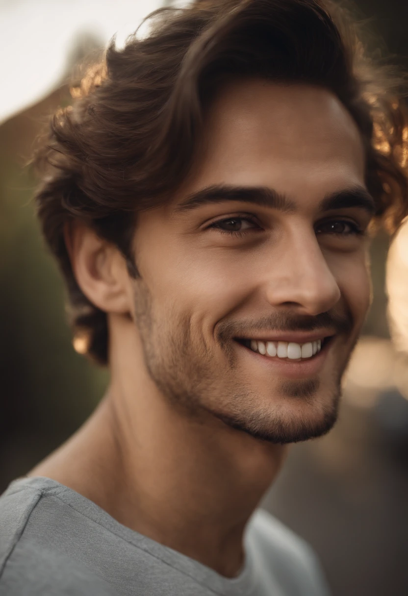 (photo: 1.3) af (realism: 1.3), male headshot, soft light, face focus, ((((white t-shirt))) happy, cheerful, smiling, warm light, ((blank background)) , profile picture, (long hair or short hair), smiling, handsome, young, , short hair, smiling