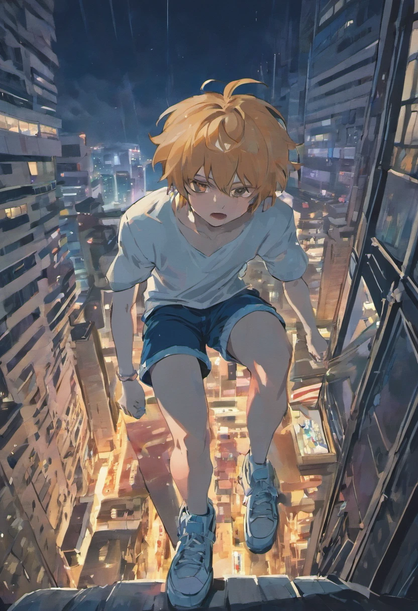 Long-haired boy falling from a building,wearing a white shirt and shorts,The expression is sad, Tears flew out,Two-dimensional boys,Black colored eyes,The background is the city at night,Surrounded by modern high-rise buildings
