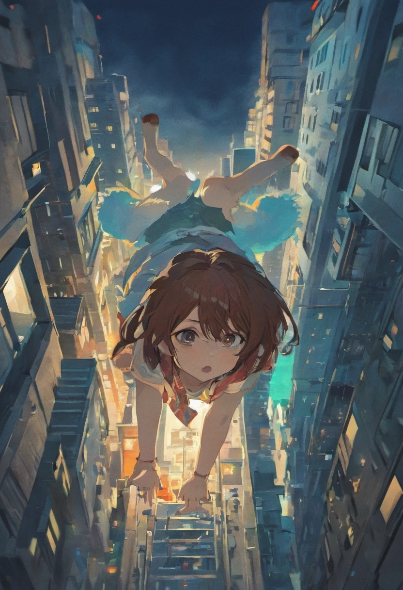 Long-haired boy falling from a building,wearing a white shirt and shorts,The expression is sad, Tears flew out,Two-dimensional boys,Black colored eyes,The background is the city at night,Surrounded by modern high-rise buildings