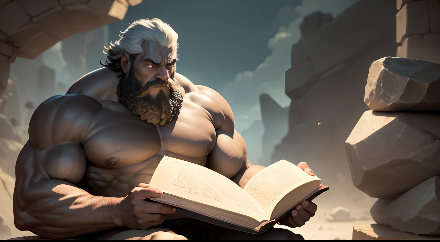 imagine a character of Stone he is (Gigante) its skin of solid and ancient rocks, olhos castanhos abertos, and he is sitting in a meditating position with a book in his hand and staring straight ahead as if he wants to talk