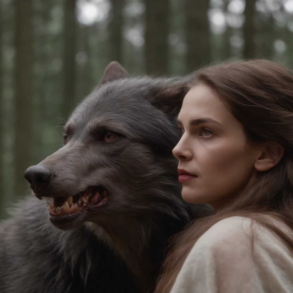 A werewolf and a woml with ambiguous expressions,Fique ao lado de um Garoto Vampiro de 11 anos, com cabelos longos pretos, com olhos azuis, roupa vitoriana, garoto bravo,alta qulidade,cinematic movie photograph,alto detalhe,A high resolution,8k,luz iluminada