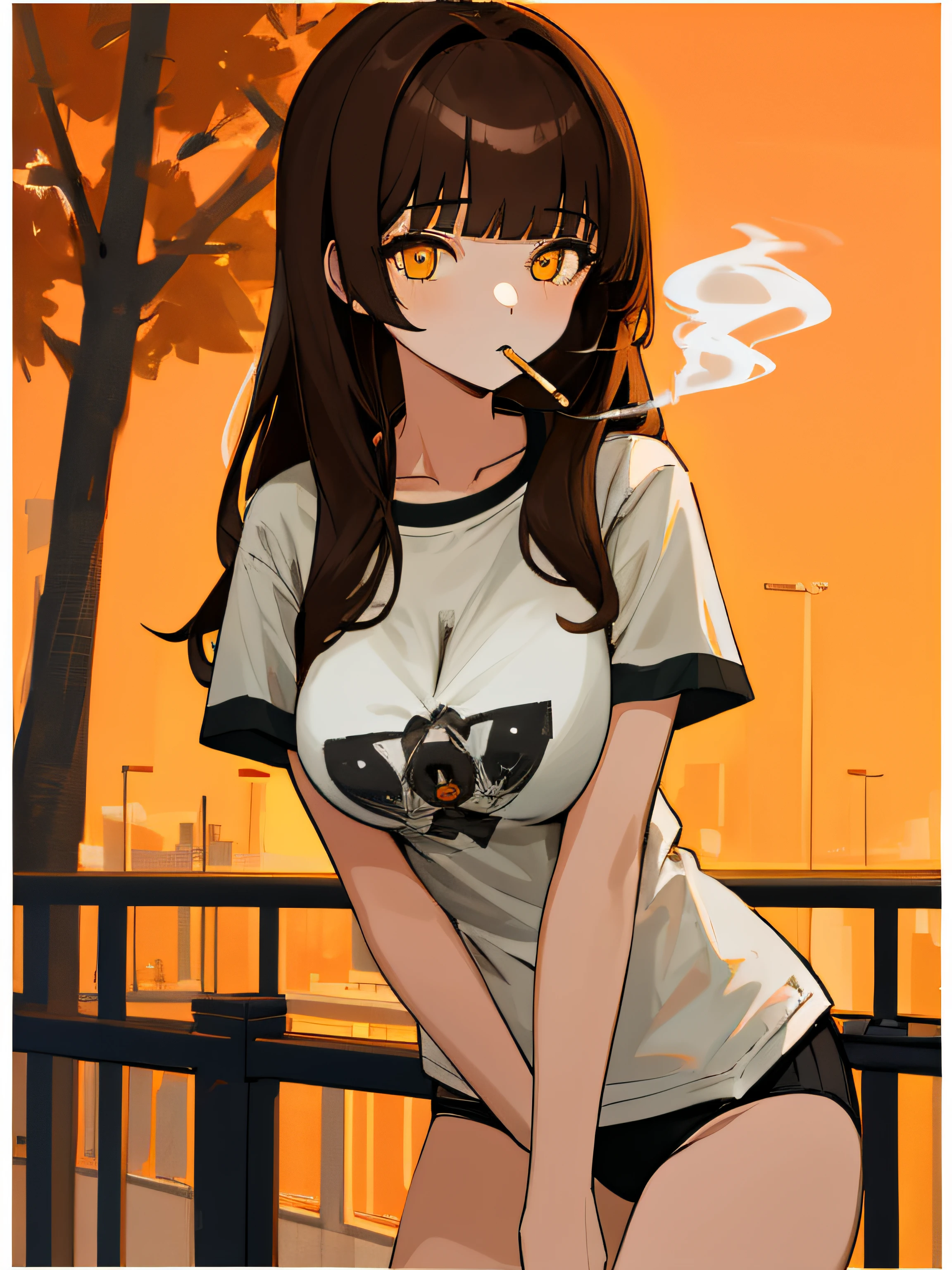 (masterpiece, best quality, absurdres, very detailed eyes), 1girl, solo, solofocus, large breasts, brown hair, long hair, blunt bangs, yellow eyes, closeup, teenager, white t shirt, graphic t shirt, tree graphic on t shirt, black bikini panties, balcony, leaning on railing, sunrise, orange sky, smoking cigarette