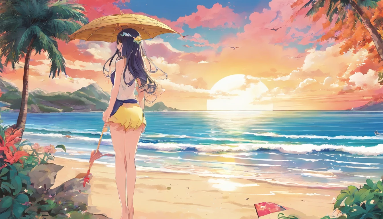 Beautiful beach,There is a sexy girl standing on the beach