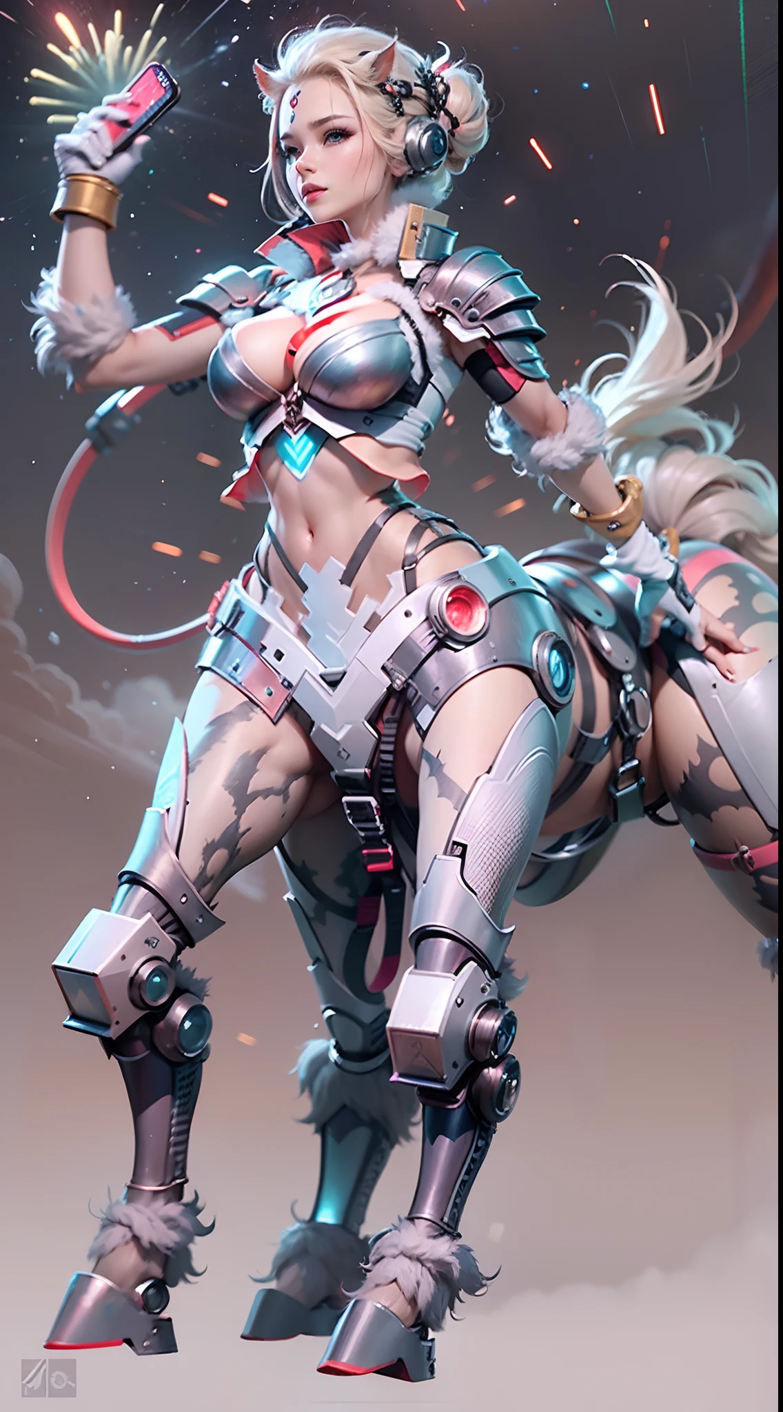 In a very grand scene,The extra-large wide-angle lens captures the appearance of a female centaur。(She is traveling through the stars:9.9),She is tall,It has the ultimate curvy beauty,The muscles are slender and firm,Beautiful lines。Her facial features are tough and coquettish,Always with a sunny smile。She wears special tight-fitting equipment with a strong sense of technology,Step on multifunctional off-road style heels,Delicate and practical protective gear is worn on the hands, feet, wrists, neck and shoulders。The detection equipment around you flashes various cue lights and neon-like information screens,Let her exude a charming brilliance。Use Midjourney's advanced tools,Design special tight-fitting equipment for female centaurs,Highlight her unique physiological characteristics and appearance details,Add realism。And in her adventure scene,Spectacular views of nature,Such as the sky where storms and sunny days alternate、Brilliant rivers of stars and auroras、The snow-capped summit of Mount Everest、Fireworks in the mountain town, etc。ao mesmo tempo,Away from the hustle and bustle of Long Beach Pier is a neon-lit spaceship docked,Create a fantastic scene。Use Midjourney's advanced tools and multiple color palettes、Brush Strokes、Texture tools and model packages,It shows a sense of atmosphere where beauty and charm coexist。The charm of the female centaur is highlighted through color and lines,Enhance realism with detailing,Create a surreal dreamy feeling。Additionally,Use Midjourney's tools to add a variety of extreme sports gear and cultural trinkets to the female centaur,Create intricate hairstyles and outfits,Give her a sense of premium。She never flinches,Regardless of the terrain,can respond quickly,Even the extreme geography and dangerous terrain of aliens cannot stop her。Use Midjourney's powerful tools,You can do it with incredible detail and beauty,Bring this ultra-grand and beautiful scene to life。Ultra-grand scenes,super wide shot, hdr,(真实感,Masterpiece quality,