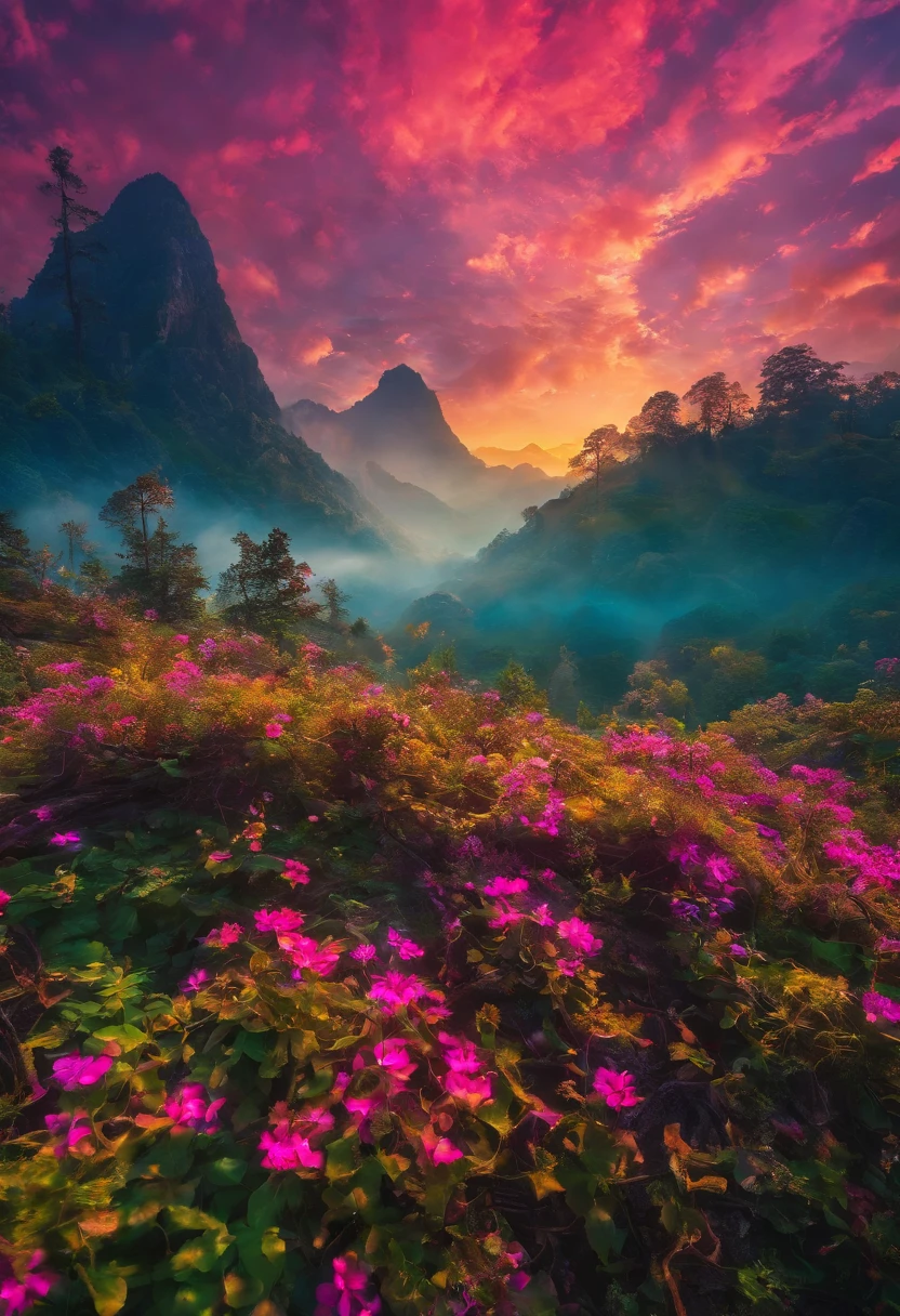 Magnificent view，Forest edge landscape photography Professional high-quality nature digital photography，Spring flowers bushes in the moonlight on a rainy night，precipice，Eau，Boulders，foggy sky，Traces of rain，Nightmare vision， Dark fantasy plot，Perfect and excellent composition，8K分辨率，the detail，Ultra-wide-angle distance shooting，background inside dark，Jack Guzman's environmental art photography，realisticlying，cinematic compositions，Volumetriclighting，A high resolution，vividness, A detailed, Stunning sky,Colorful clouds float，true to life, Pubic area is clear, flawless perfection, Digital SLR, 1024, 2048, 4096, A detailed, Sharp, best qualtiy, high qulity, absurderes，unmanned background，The is very detailed、Detailed lighting shadows，Trends on ArtStation、iintricate、high detal、dramatics、Midjourney Art（Volumetriclighting：1.2）hdr shot。（Faraway view，Super deep view，ultra-wide-angle，Microfocal length lens：1.2）（realisticlying：1.4）tmasterpiece、high high quality、Beautiful photography、globalillumination、