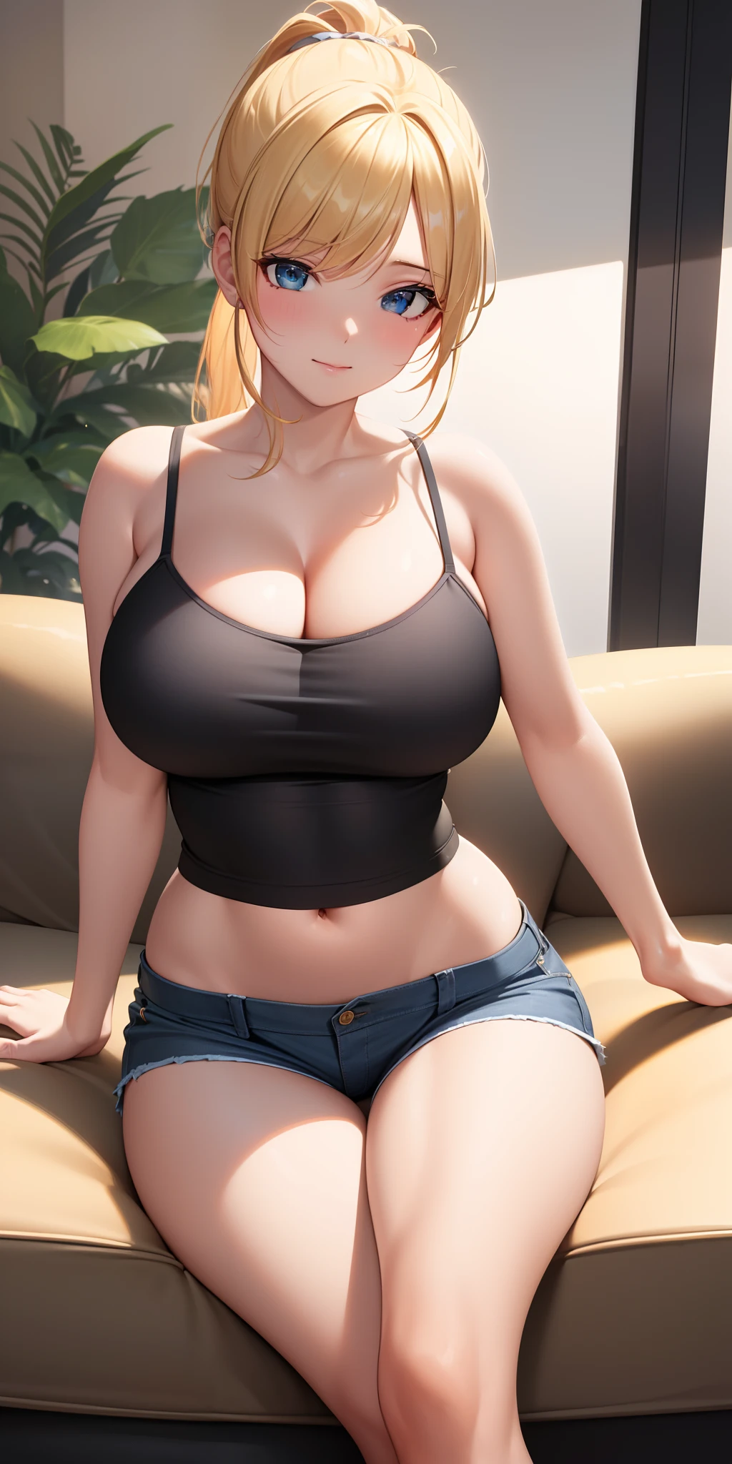 (close shot, best quality:1.5, highres, UHD, 4K, detailed lighting, shaders), blonde ponytail, large breasts, camisole, shorts, sitting on couch, thighs, (pov)