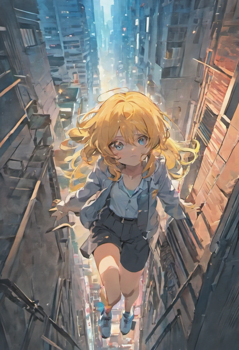 Long-haired boy falling from a building,Wear a school uniform, white shirt and shorts,Semi-reclining position,The expression is sad, Tears flew out,Two-dimensional boys,Black colored eyes,The background is the city at night,Surrounded by modern high-rise buildings