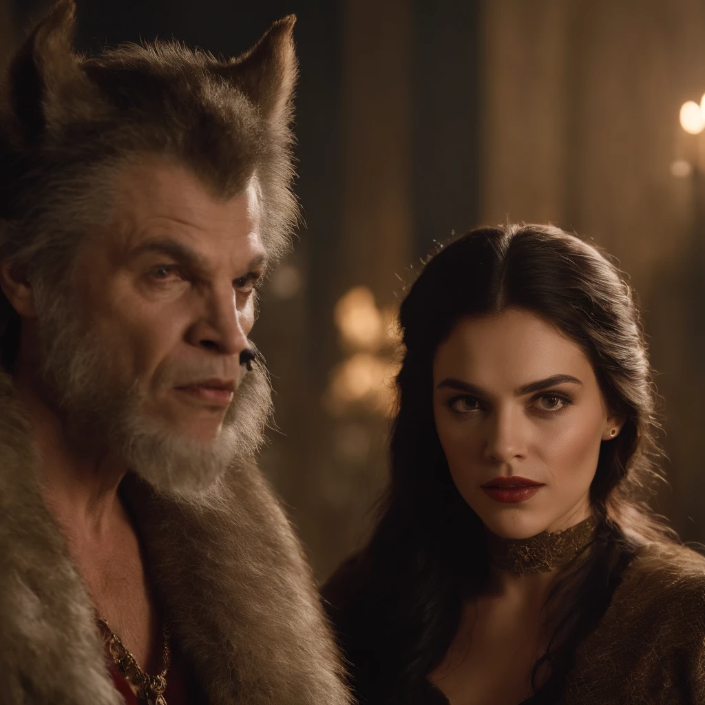 A werewolf and a woml with ambiguous expressions,Fique ao lado de um Garoto/macho Vampiro com cabelos longos e pretos com olhos azuis, roupa vitoriana, garoto bravo,alta qulidade,cinematic movie photograph,alto detalhe,A high resolution,8k,luz iluminada