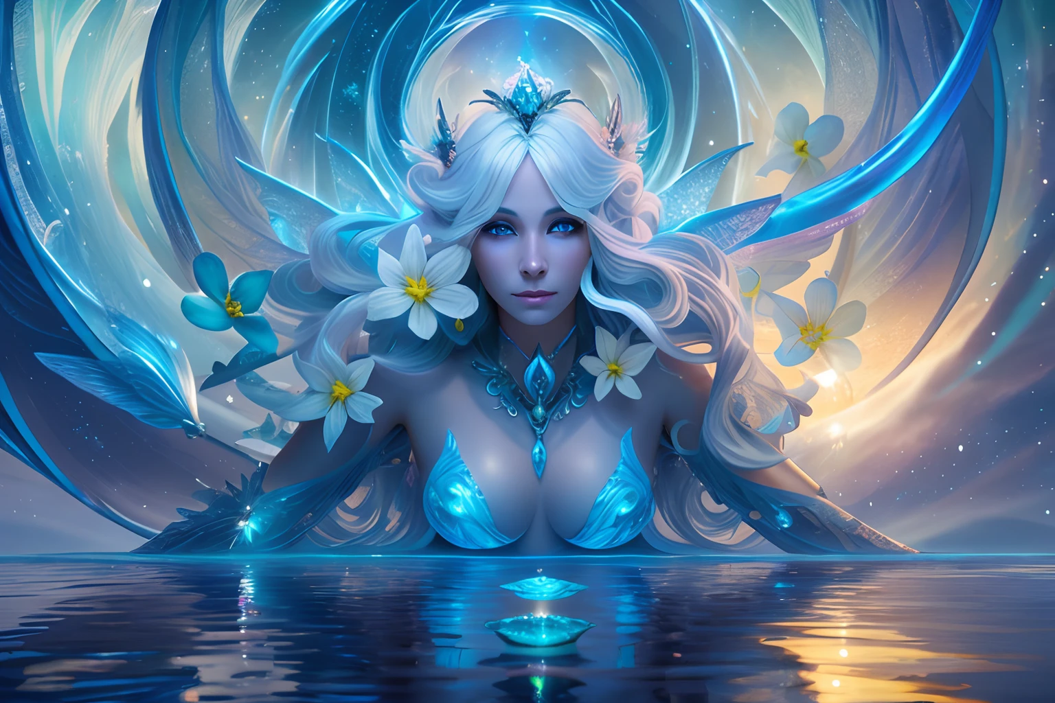 Bright yellow Archangel flowers, there is a woman with white hair and a sword in a field, closeup fantasy with water magic, ethereal beauty, with frozen flowers around her, fantasy portrait, ethereal fantasy, beautiful fantasy portrait, goddess of the ocean, flower storm portrait, a stunning portrait of a goddess, fantasy genre portrait, water fairy, ethereal fairytale, beautiful maiden, beautiful fantasy art portrait Alien creature in humanoid shape, with opalescent skin and iridiscent scales, masterpiece, absolutely perfect, stunning image, visually rich, intricately detailed, concept art, by Mschiffer, glowy, cinematic, UHD wallpaper, 3d, octane render, volumetric lights