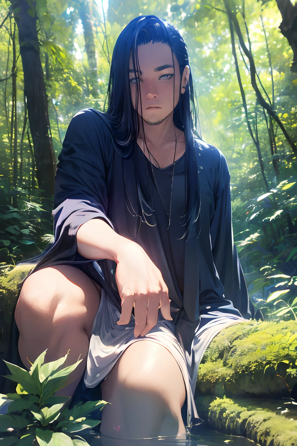 Realistic, (absurderes, A high resolution, Ultra detailed), 1 male, Solo, Tall guy,Handsome, angular jaw, view the viewer, Blue eyes, Long sleeves, forest, trees full of greenery, Fluttering leaves, Natural light and shadow, Jungle exploration, lots of plants, Depth of field, Upper body, frontal,
