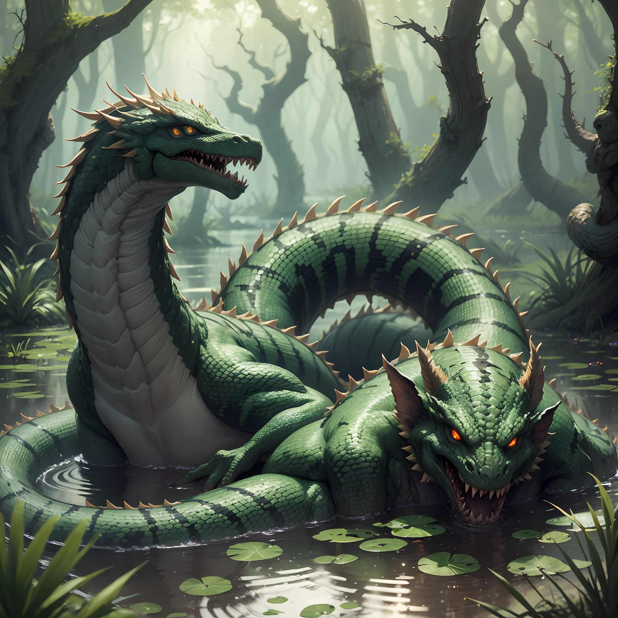 the nine-headed Hydra snake monster, attacking Heracles in the forbidden swamp, marsh, foggy, --auto --s2